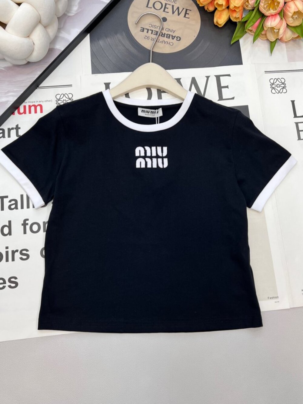Miu Miu Contrast Trim Logo Cropped T‑Shirt